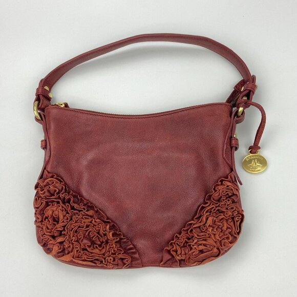Brahmin Mini Trudy Red/Maroon Nubuck Leather Purse Handbag Ruffled